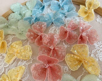 5pcs sequined flowers applique, heavy bead scarlet floral petals, green blue yellow flowers patch