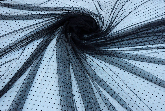 black tulle Lace fabric with polka dots, Embroidered tulle mesh lace fabric with velvet dot