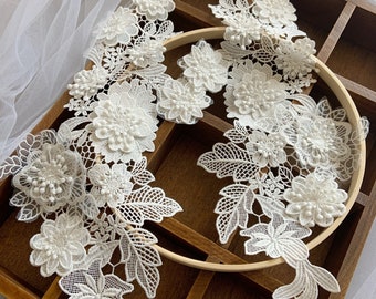 1 Pair off white lace applique with 3D flowers for wedding dress, bridal headpiece