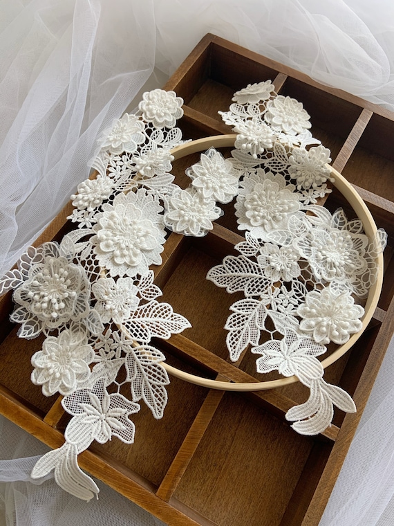 1 Pair off white lace applique with 3D flowers for wedding dress, bridal headpiece