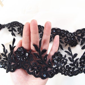 black bead lace trim, black sequined lace trim, black alencon trim lace