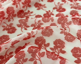 Tissu en maille extensible 4 voies avec roses rouges, tissu en maille extensible de puissance ivoire, tissu en maille élastique pour jupe moulante