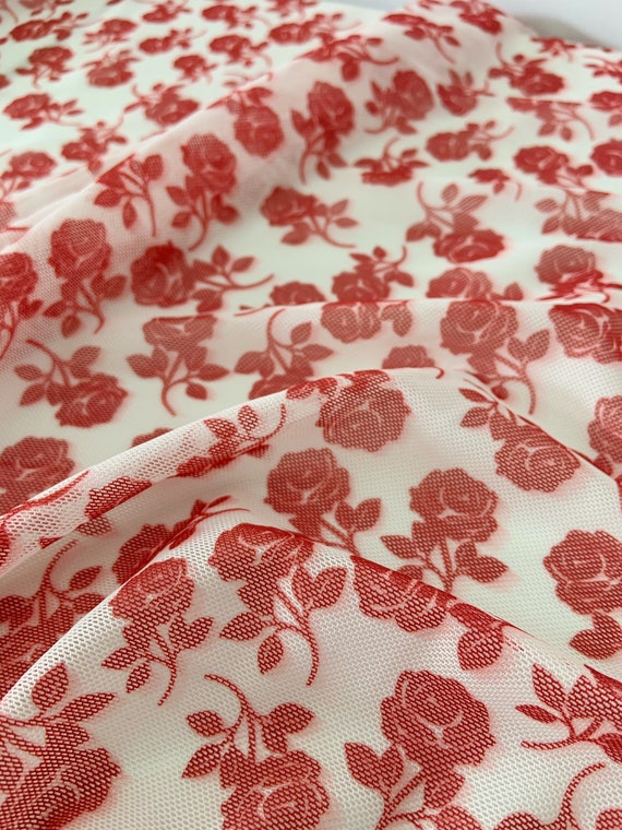 4 way stretch mesh fabric with red roses, ivory power stretchy mesh fabric, elastic mesh fabric for skintight skirt