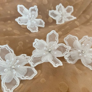 5pcs off white 3d florals motif applique, heavy bead organza lace applique with rhinestone