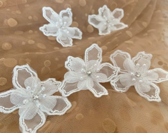 5pcs off white 3d florals motif applique, heavy bead organza lace applique with rhinestone