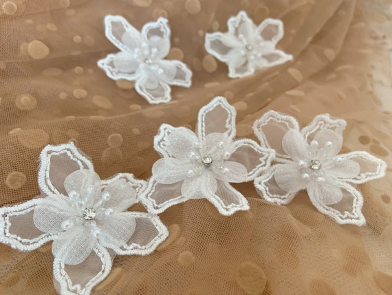5pcs off white 3d florals motif applique, heavy bead organza lace applique with rhinestone