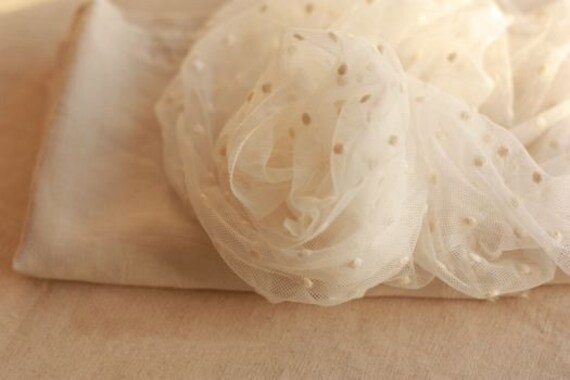 Lace fabric with polka dots, cream Embroidered tulle lace fabric with cotton dots, vintage style lace fabric for curtain and vintage couture