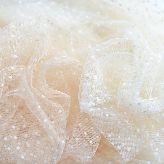 nude tulle Lace fabric with flocking polka dots