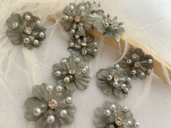 5pcs grey 3d florals motif applique, handcrafted  organza lace appliques with rhinestone