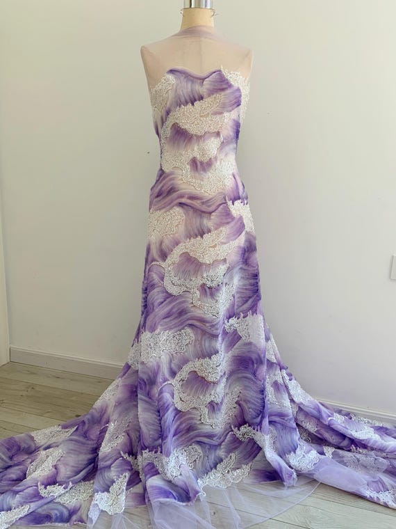 Purple 3D floral embroidery fabric with beadwork, 3D flowers tulle fabric with bead embellishments