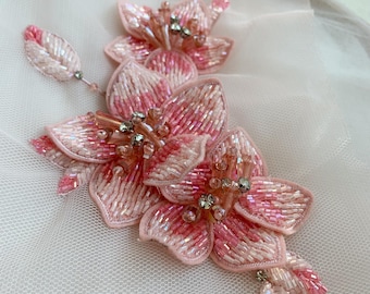 3d pink bead embroidery patch with flowers for dress alteration, beadwork millinery supplies
