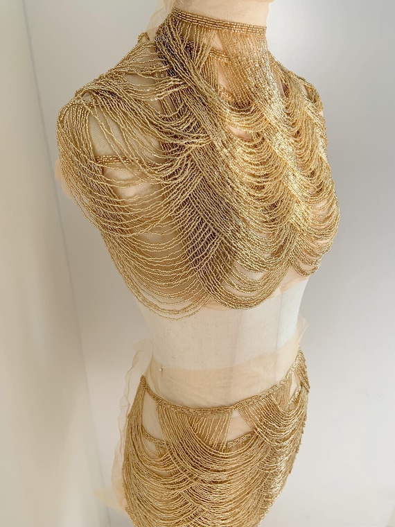 Gold chevron fringe embellishment for garment, beading body jewelry , bead cape, bead fringe appliqué for couture supplies, dress,  costume