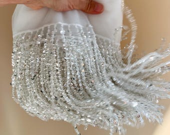 Ribete de flecos de cuentas plateadas, ribete de flecos de lentejuelas para confección de vestidos, disfraces de baile, decoración de fiestas, flecos de borlas de 15 cm.