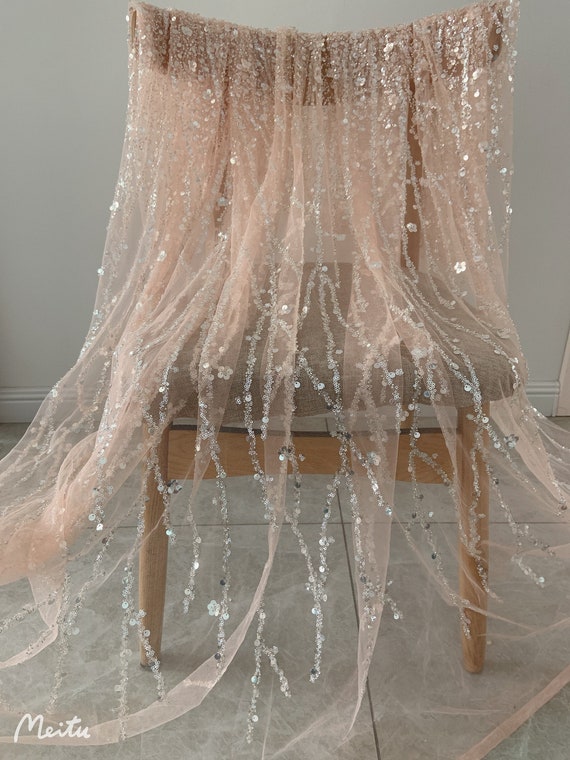 Blush bead tulle lace fabric with florals for bridal dress, beaded and sequined mesh fabric for wedding gown