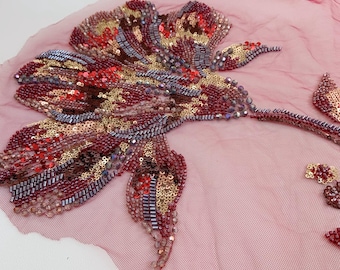 Red bead embroidery flowers appliqué , heavy bead florals patch for dress alterations, dress supplies