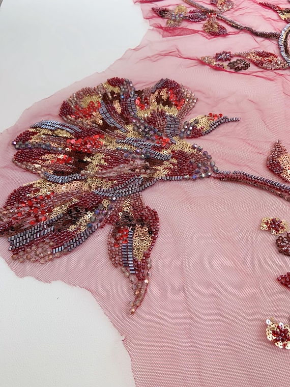 Red bead embroidery flowers appliqué , heavy bead florals patch for dress alterations, dress supplies