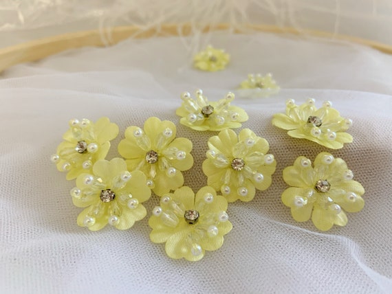 5pcs yellow 3d florals motif applique, handcrafted lace appliques with rhinestone