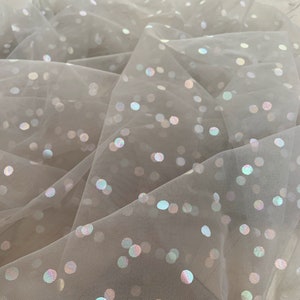 Grey tulle fabric with iridescent polka dots, soft tulle with sparkle dots for costume, dance costume, wedding decors, party decors