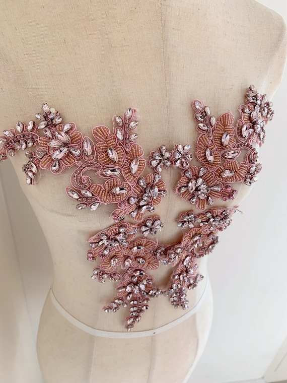 One pair pink rhinestone appliqué , sparkle crystal applique for couture, dress, dance costume