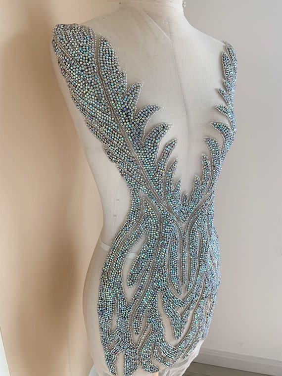 Big iridescent Rhinestone applique, rhinestone dress, crystal applique for couture, dress, costume, ball gowns