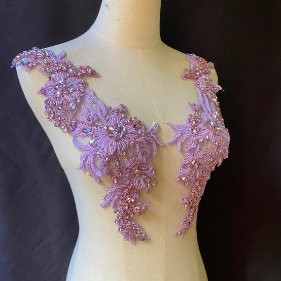 Light purple rhinestone applique for couture, costume, dress, crafted florals bodice, deluxe bead florals applique for haute couture