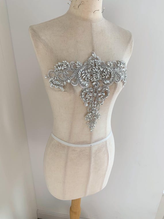 Silver Rhinestone appliqué for neckline, crystal appliqué patch , Delicated heavy bead applique