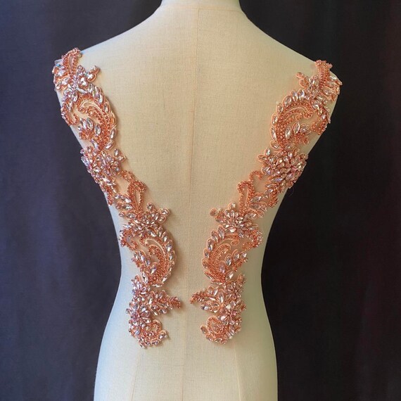 Pink Rhinestone appliqué by pair, crystal bodice patch, heavy bead applique for couture
