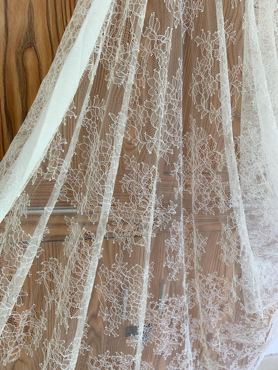Soft Chantilly lace fabric with flowers for bridal veil, wedding dress, bridal robe