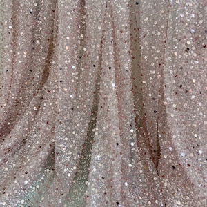 Light pink bead tulle lace fabric, sparkle heavy bead lace fabric with sequins, sequin fabric for dress, couture, costume