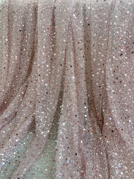 Light pink bead tulle lace fabric, sparkle heavy bead lace fabric with sequins, sequin fabric for dress, couture, costume