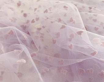Light purple tulle Lace fabric with velvet hearts, tulle mesh fabric with velvet dot, new arrival, hot selling