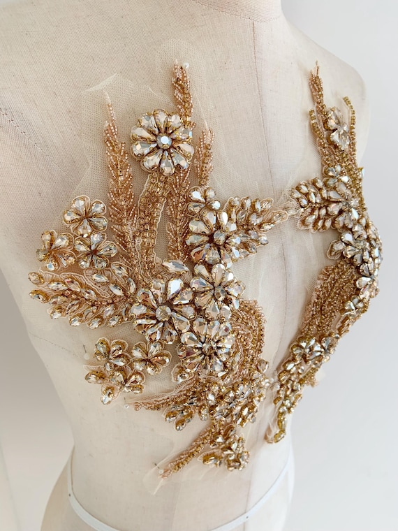 Champagne gold Rhinestone appliqué, rhinestone patch with 3d florals for garment costume