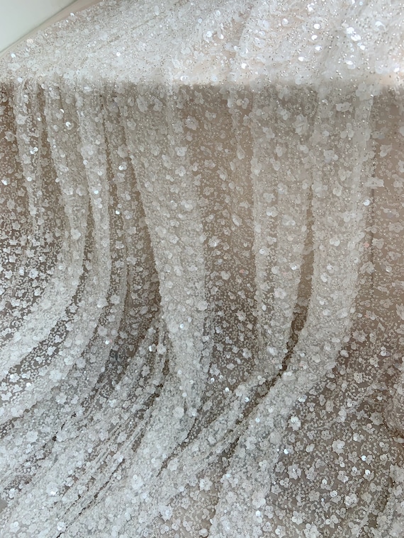 Bead and sequined lace fabric with 3d flowers for bridal dress