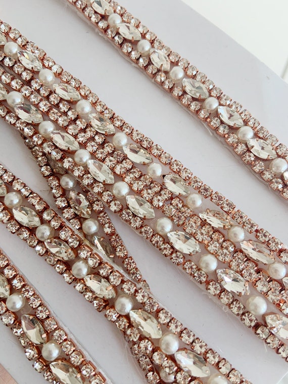 Rose Gold Rhinestone trim, crystal bead belt for wedding sash, dress straps, couture