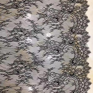 black Chantilly lace fabric, bridal chantilly lace, retro wedding lace fabric with double scalloped edges