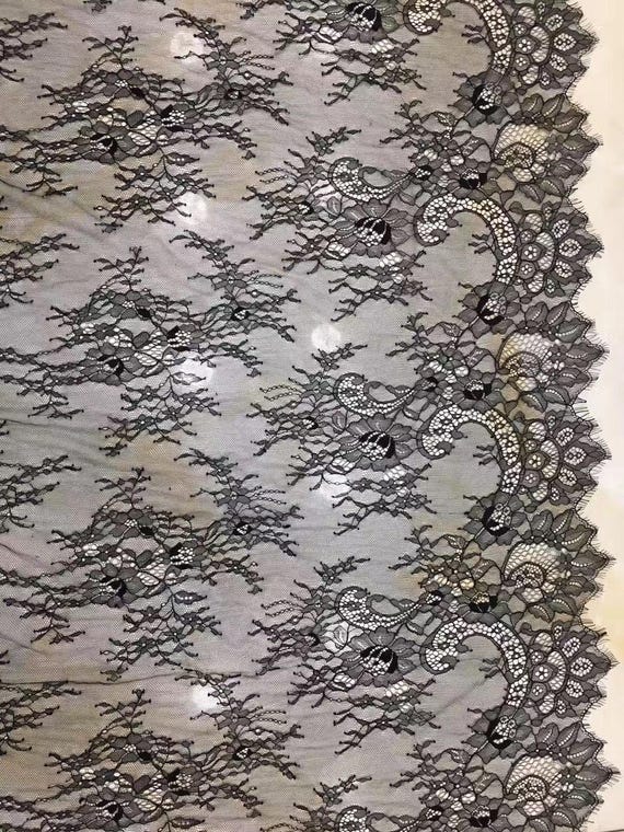 black Chantilly lace fabric, bridal chantilly lace, retro wedding lace fabric with double scalloped edges
