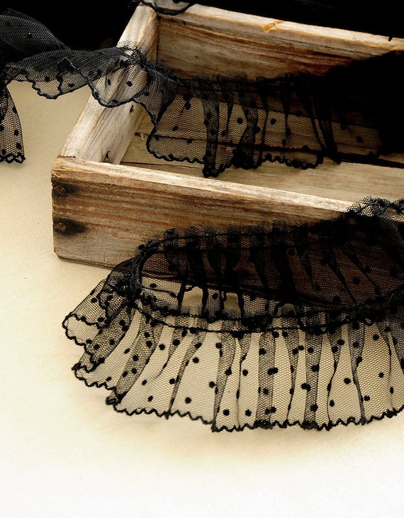 10 yards black ruffle trim with flocking dots, pleated frill trim with polka dots