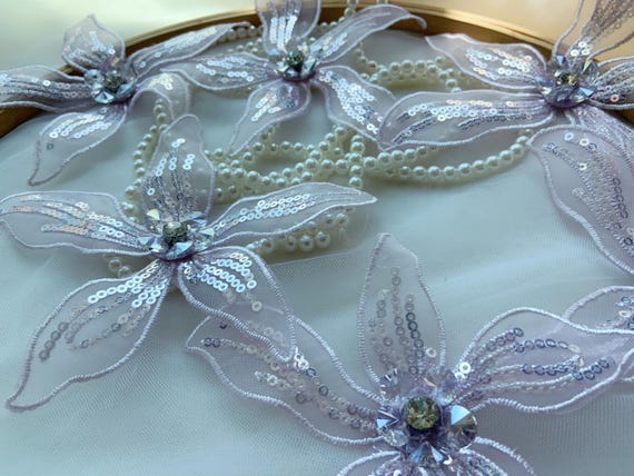 2pcs purple bead flowers applique with rhinestones for dress dance costume