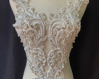 silver Rhinestone bodice applique,  crystal applique with V neckline for dress, couture, costume