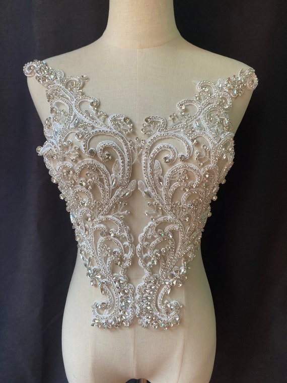 silver Rhinestone bodice applique,  crystal applique with V neckline for dress, couture, costume