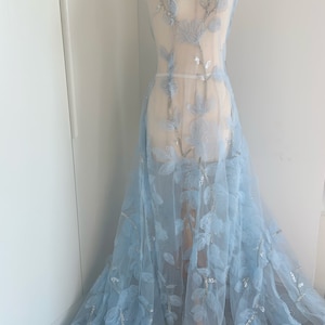 Light blue 3d flowers for couture, bridal dress, bead tulle lace fabric with 3d flowers, heavy beading florals fabric