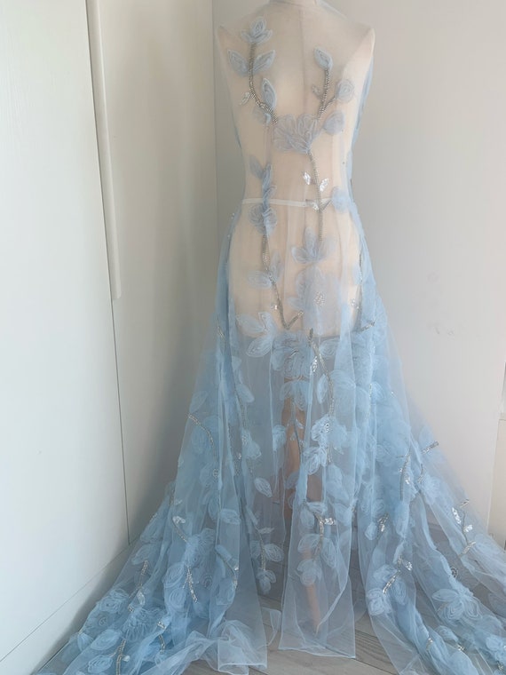 Light blue 3d flowers for couture, bridal dress, bead tulle lace fabric with 3d flowers, heavy beading florals fabric