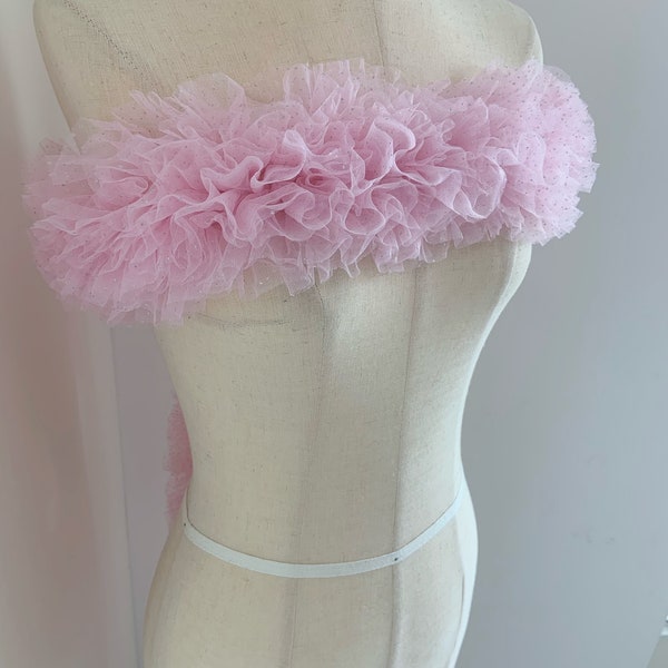 Pink ruffles trim with glitters for tutu dress, frill trim for cake dress, pleated tulle trim, girl skirt dance wear