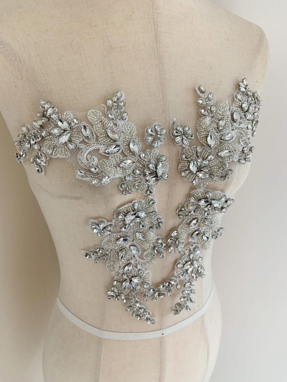 One pair Silver rhinestone appliqué , sparkle crystal applique for couture, dress, dance costume
