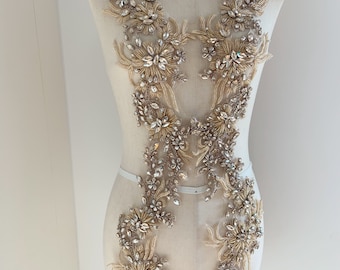 Beige rhinestone appliqué  for couture, costume, dress, crafted florals motif bodice, deluxe bead florals applique for couture