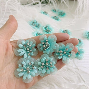 5pcs aqua 3d flowers applique, heavy bead petals with rhinestone for couture, hand crafted bridal appliques