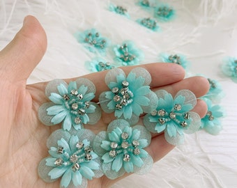 5pcs aqua 3d flowers applique, heavy bead petals with rhinestone for couture, hand crafted bridal appliques