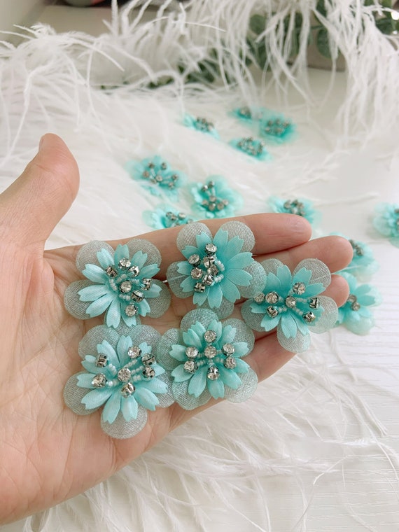 5pcs aqua 3d flowers applique, heavy bead petals with rhinestone for couture, hand crafted bridal appliques