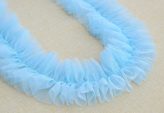 light baby blue ruffled tulle trim, frill trim, pleated mesh trim, tutu dress fabric, ruffle mesh, wedding decors, craft supply