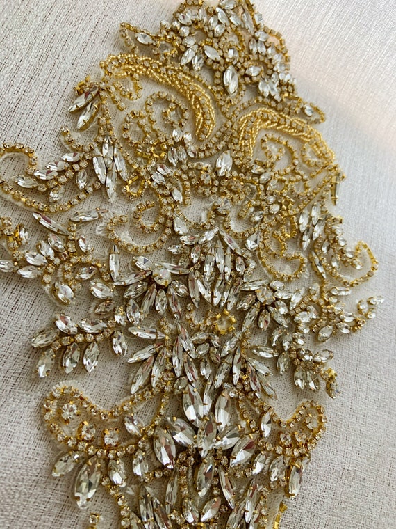 gold applique for dress 2pcs Gold Rhinestone Bodice Applique, Crystal Crafted Applique, Large  Delicated Heavy Bead Applique